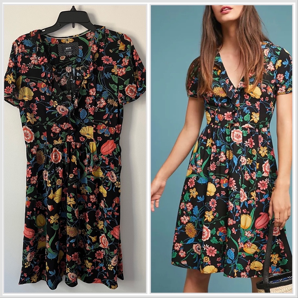 Maeve Anthropologie Bloedel Black Floral V Neck Ruffle Knee Length Dress 6